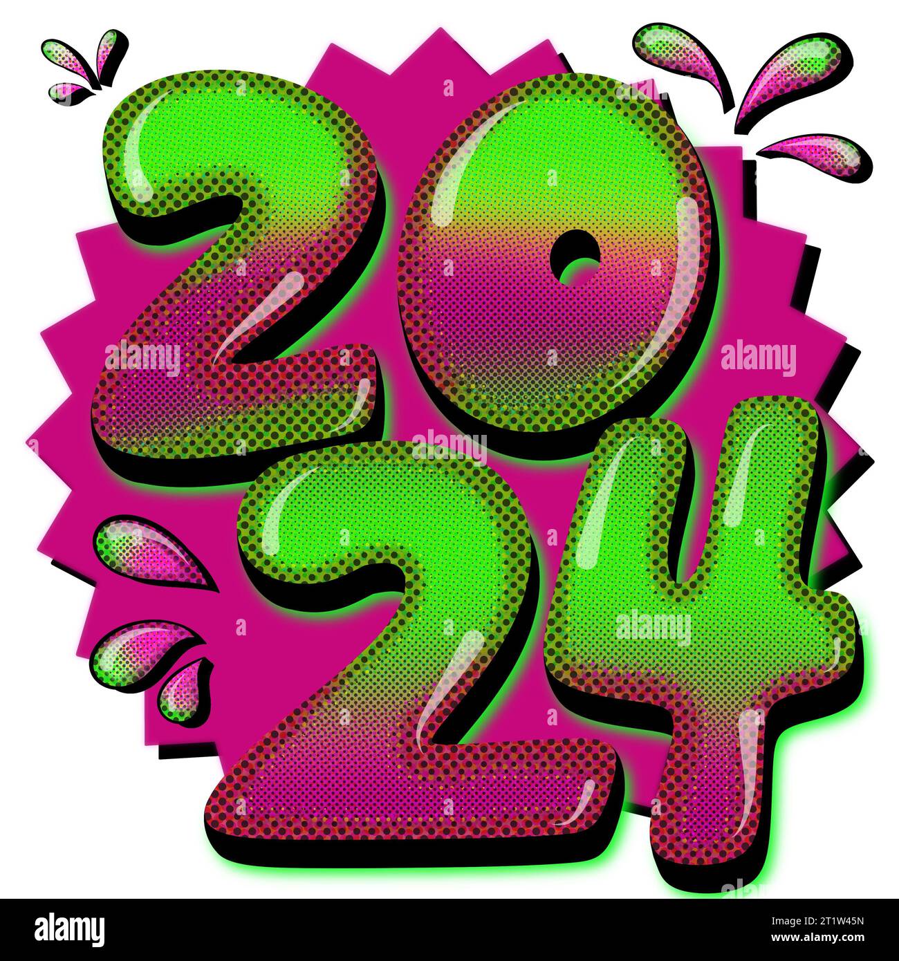 2024 New Year retro style illustration in green and pink with halftone