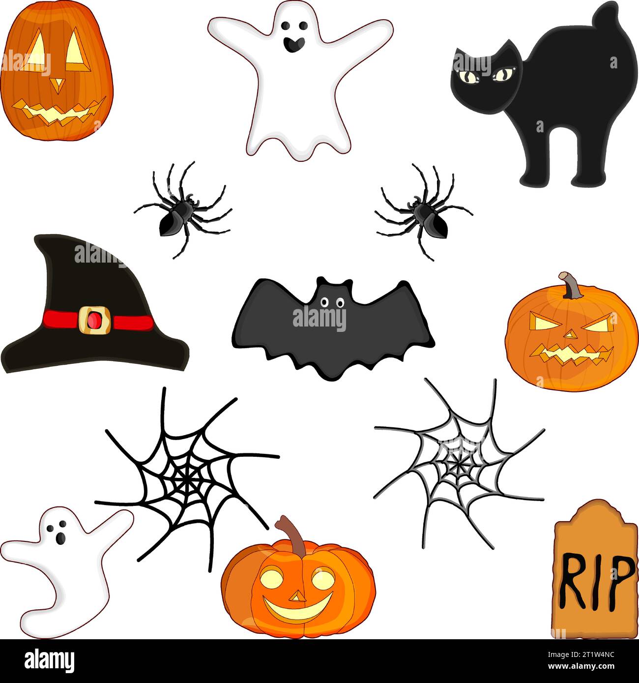 Cartoon style of bat and gravestone and witch hats and cat, spider ...