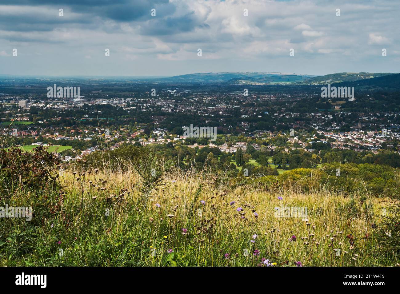 Views and scenic vistas of gloucester countryside and rural towns, villages woodlands and hillsides while hiking on the Cotswolds Way, one of sixteen Stock Photo