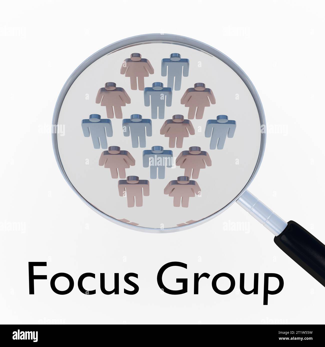 3D illustration of magnifying glass over women and men silhouettes, titled as Focus Group, isolated over gray. Stock Photo