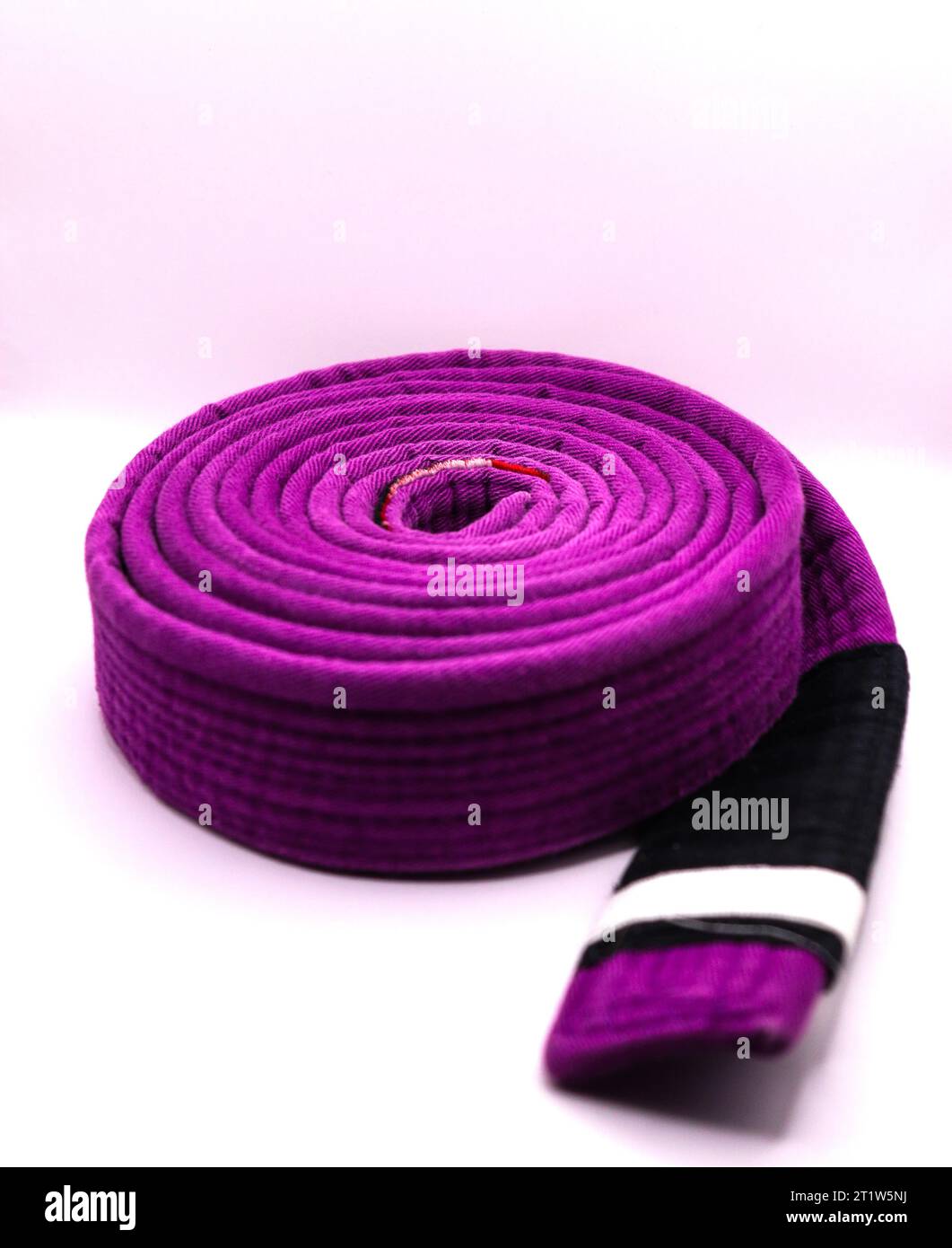 A rolled up brazilian jiu jitsu ranking belt purple with four stripes Stock Photo