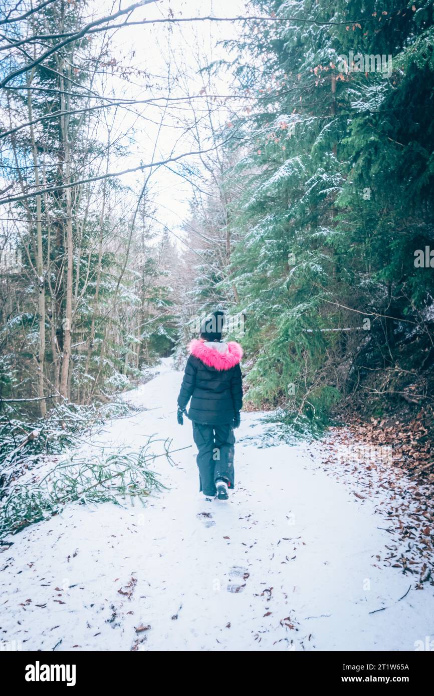 girl walking alone in snowy forest, back view Stock Photo - Alamy