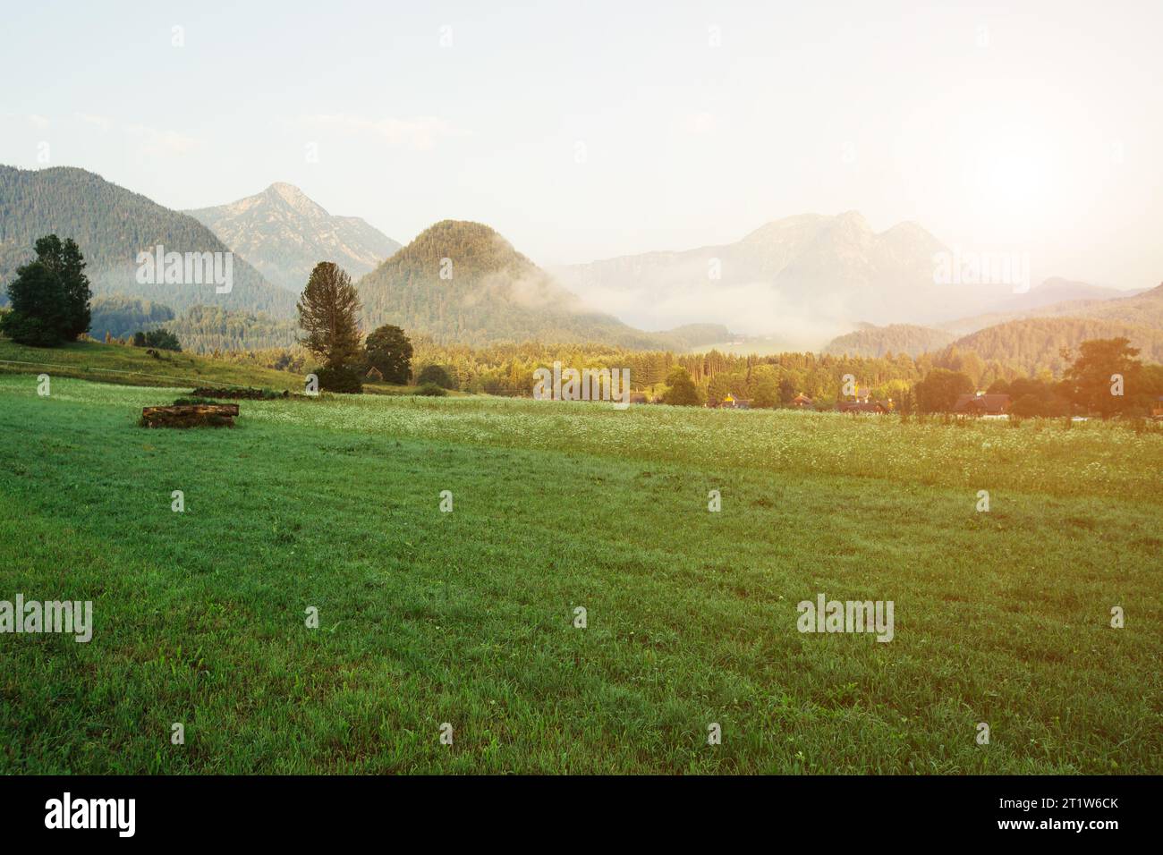 Fantastic views of the morning field glowing by sunlight. Dramatic and picturesque scene. Location resort Grundlsee, Liezen District of Styria, Austri Stock Photo