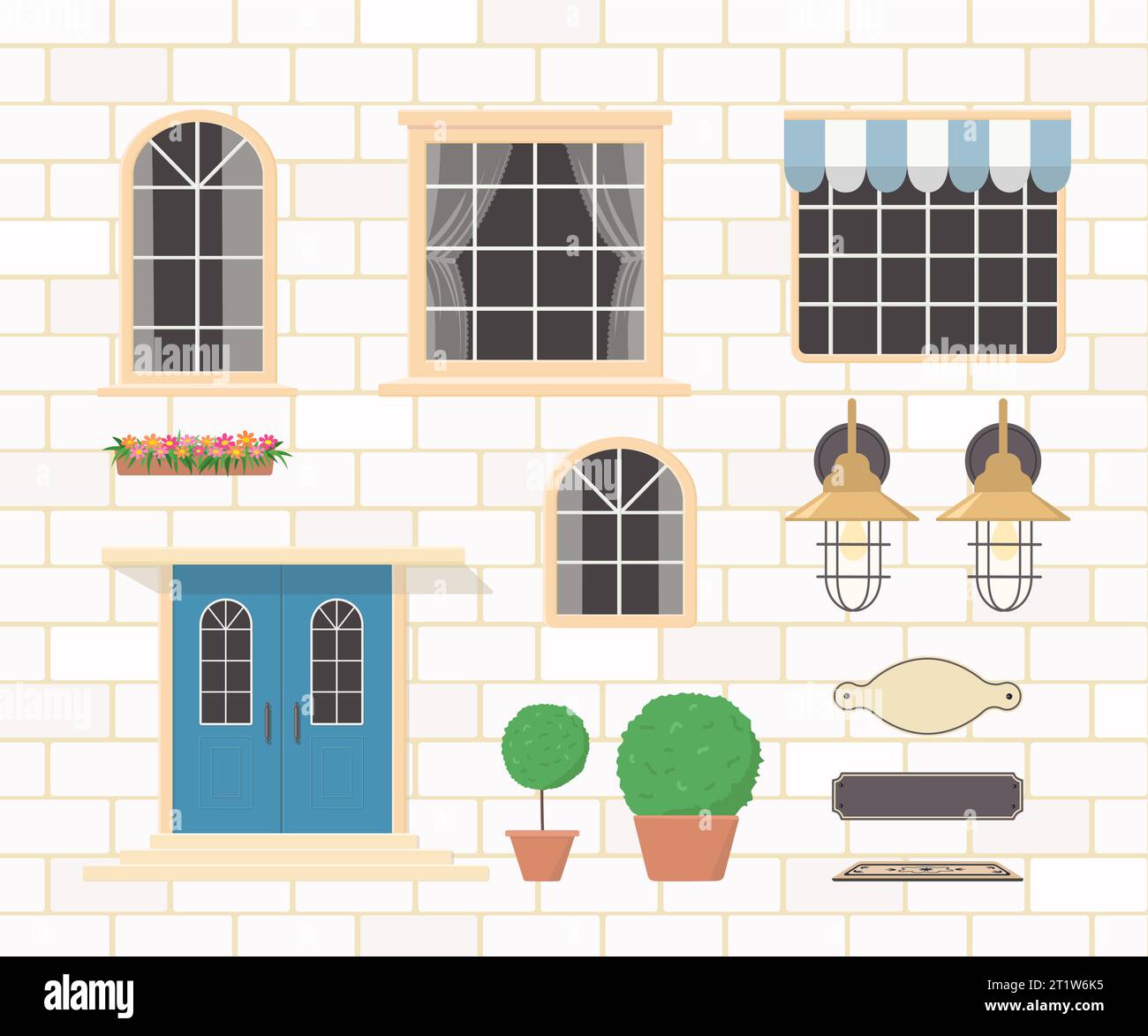 Constructor of house elements from blue doors, windows Stock Vector ...