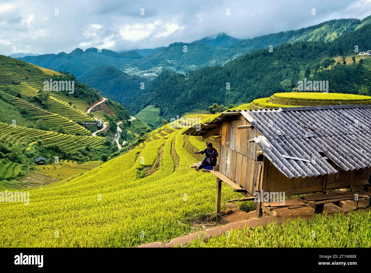 Flower Hmong woman sewing above the rice terraces of Mu Cang Chai, Yen Bai, Vietnam Stock Photo