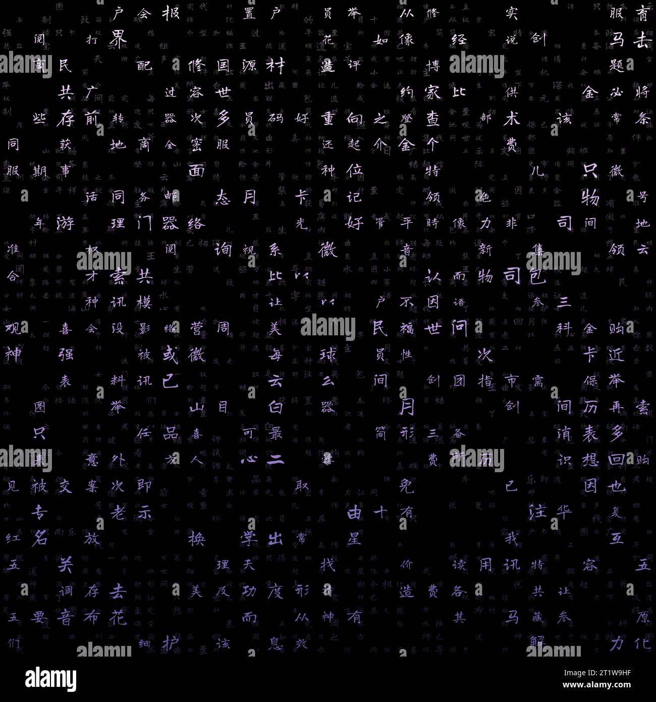Abstract Matrix background. Random Chinese Simplified Alphabet Letters. Gradiented matrix pattern. Purple color theme backgrounds. Stock Vector