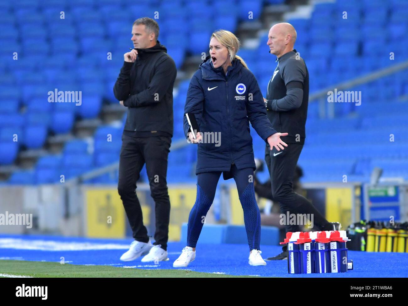 Brighton UK 15th October 2023 -  Brighton head coach Melissa Phillips gets heated on the touchline during the Barclays  Women's Super League football match between Brighton & Hove Albion and Tottenham Hotspur at The American Express Stadium (Editorial Use Only) : Credit Simon Dack /TPI/ Alamy Live News Stock Photo