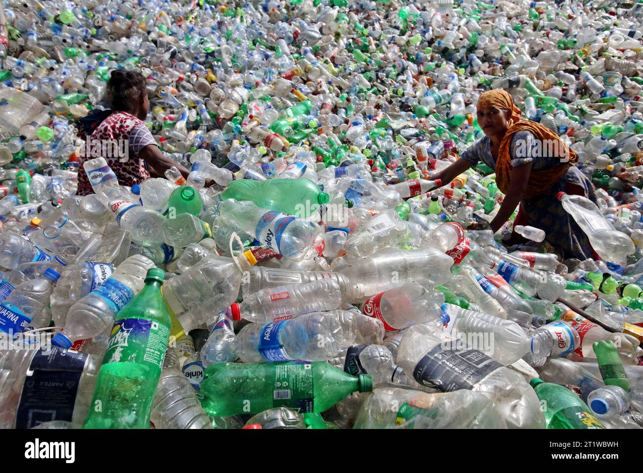 Dhaka, Bangladesh. 15th Oct, 2023. Employees recycling empty pet