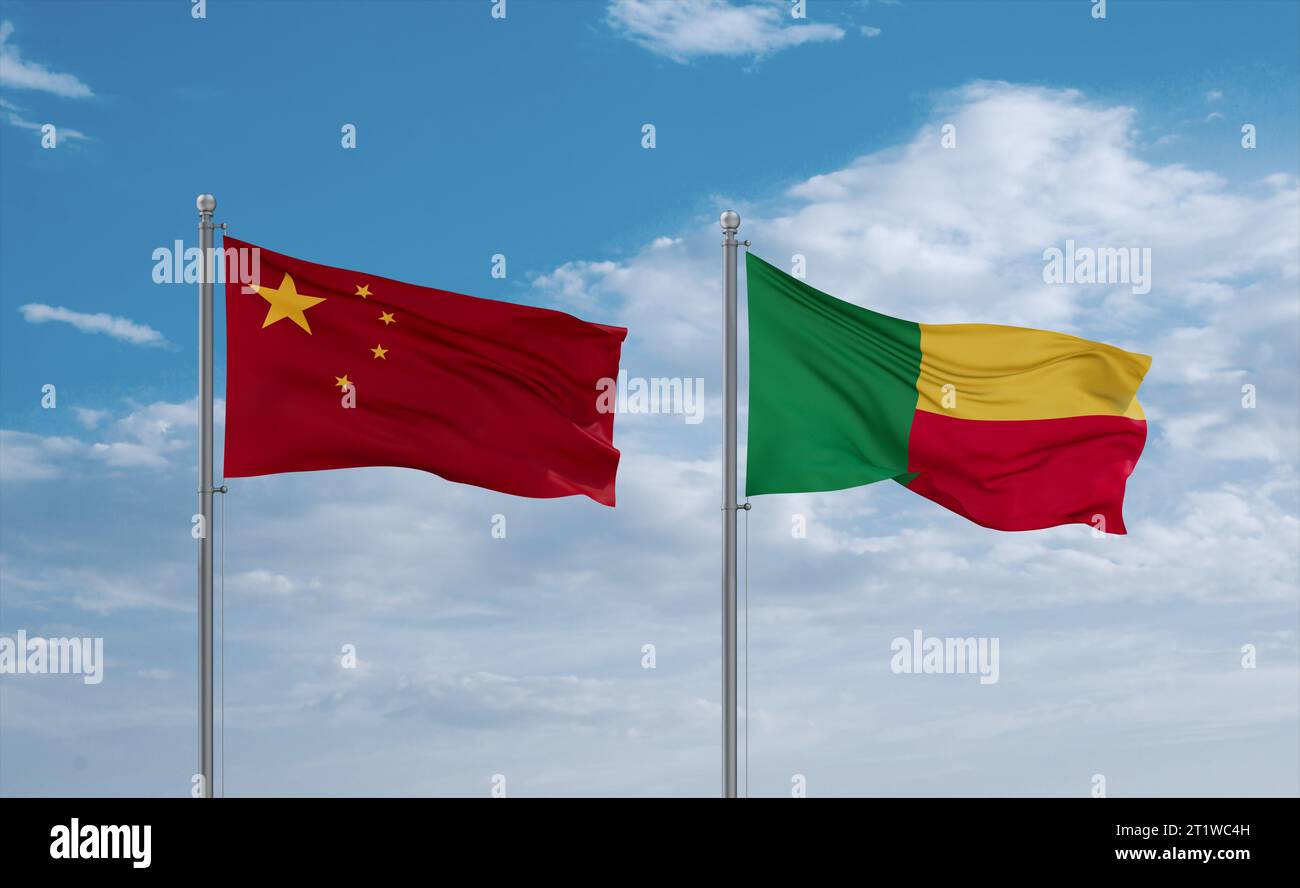 Benin And China Flags Waving Together On Blue Cloudy Sky Two Country Benin And China Flags Waving Together On Blue Cloudy Sky Two Country