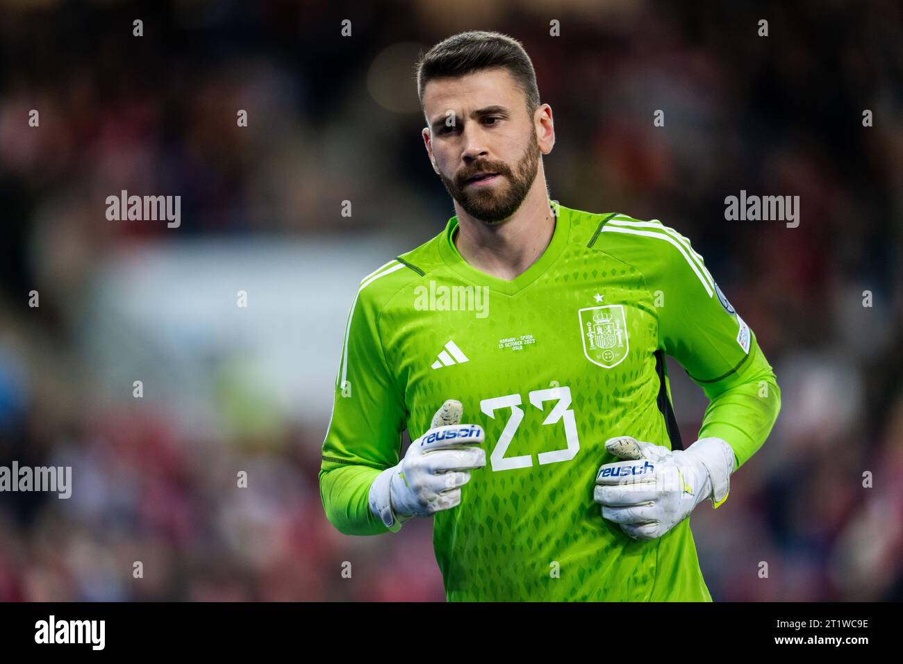 goalkeeper Unai Simon of, Spain. , . during the UEFA Euro Qualifier football  match between Norway and Spain on October 15, 2023 in Oslo. Photo: Marius  Simensen/BILDBYRÅN/COP 238/VG0543 bbeng football soccer fotboll