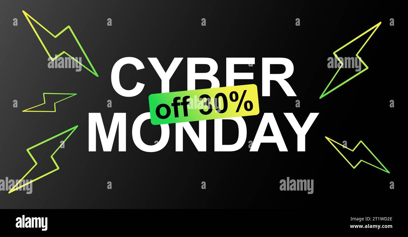 Sticker style text Cyber Monday Sale with abstract elements on blue ray background. Advertising poster or template design. Stock Photo
