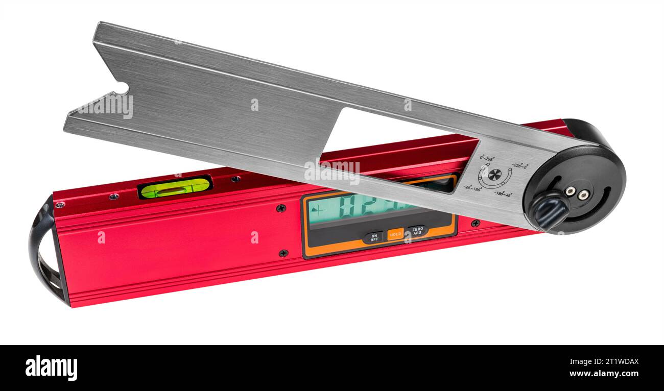 Electronic bevel protractor with spirit level and digital display. Closeup a red goniometer tool to measure angles with bubble libela and locking knob. Stock Photo