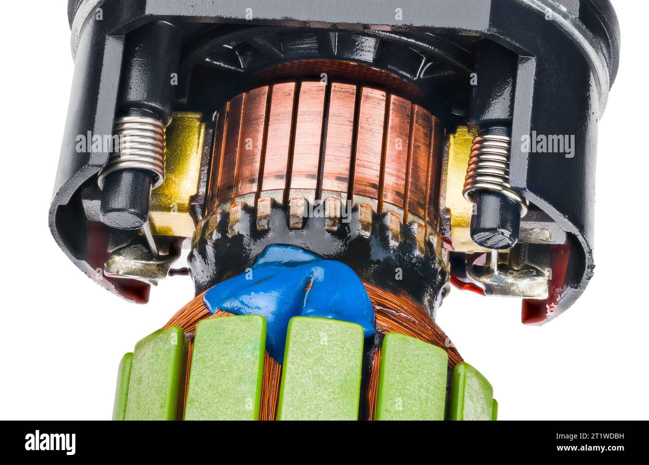 Commutator inside of electric DC motor part. Power machine rotor carbon