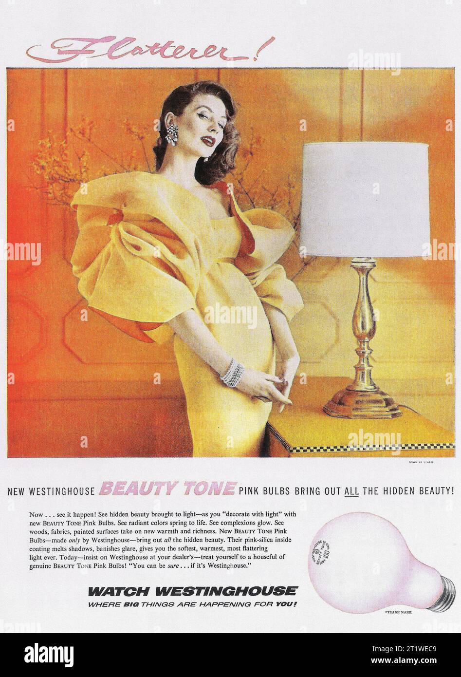 1956 Westinghouse Beauty Tone Pink Bulbs Ad Stock Photo