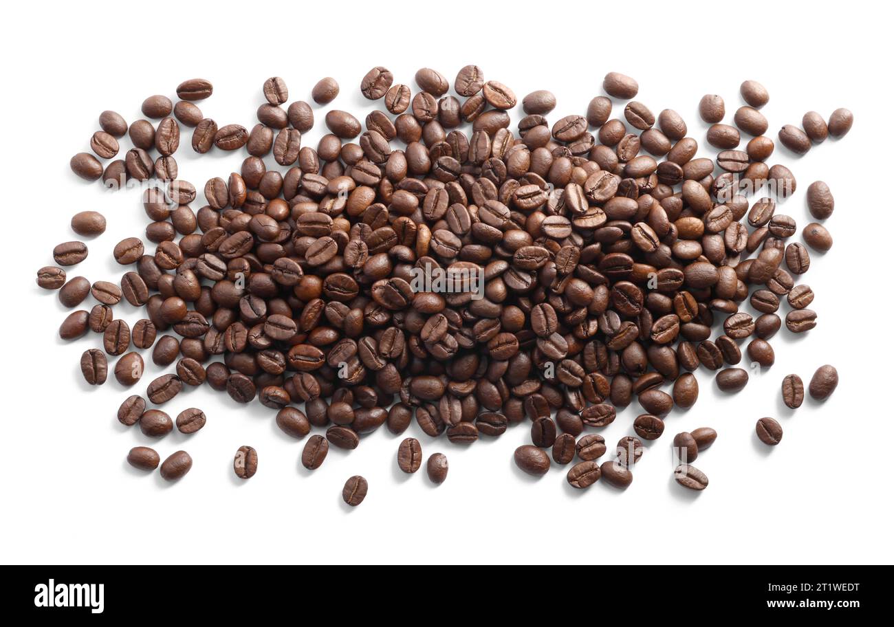 Pile of roasted coffee beans isolated on white, top view Stock Photo ...