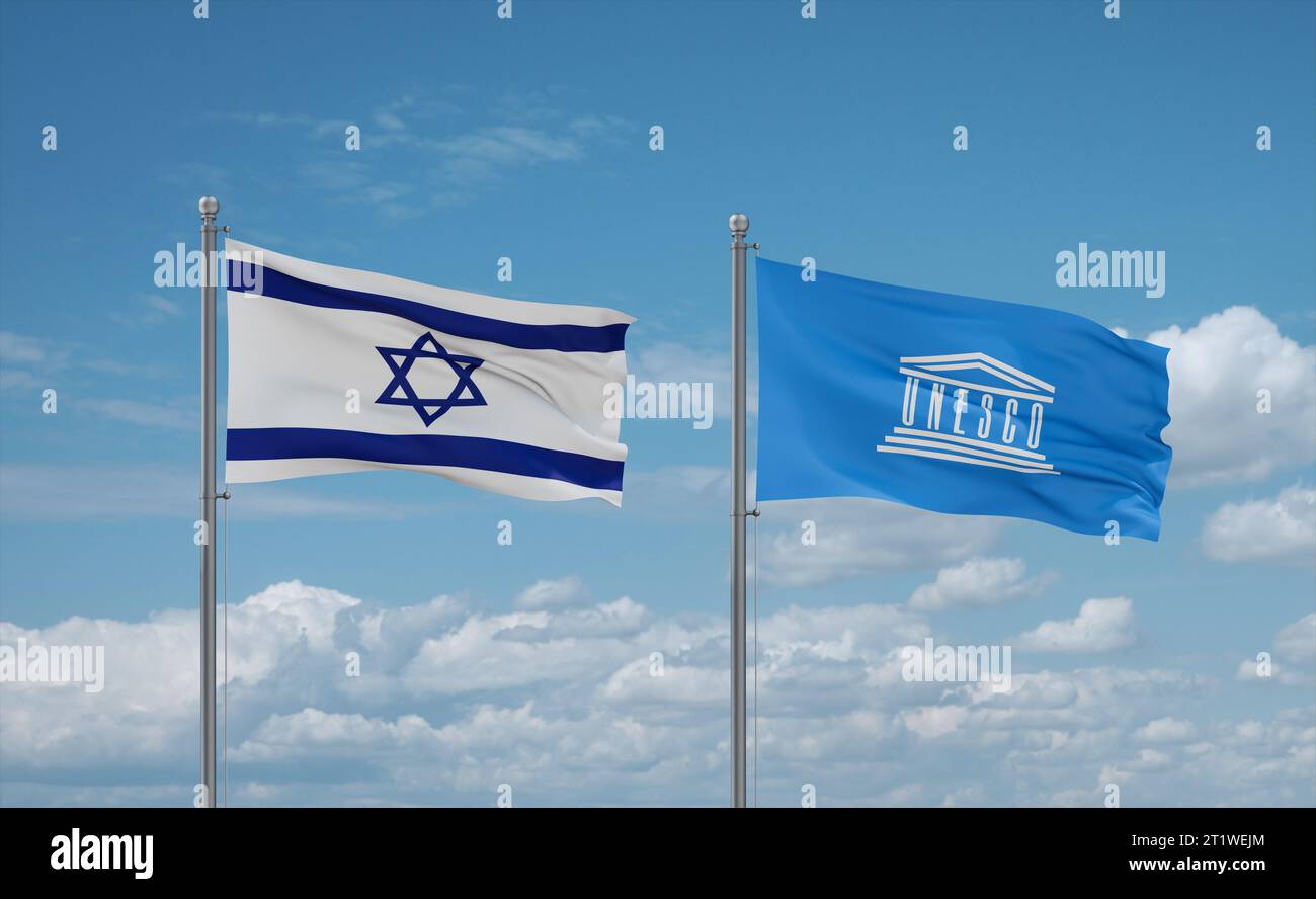 UNESCO and Israel flags waving together in the wind on blue cloudy sky ...