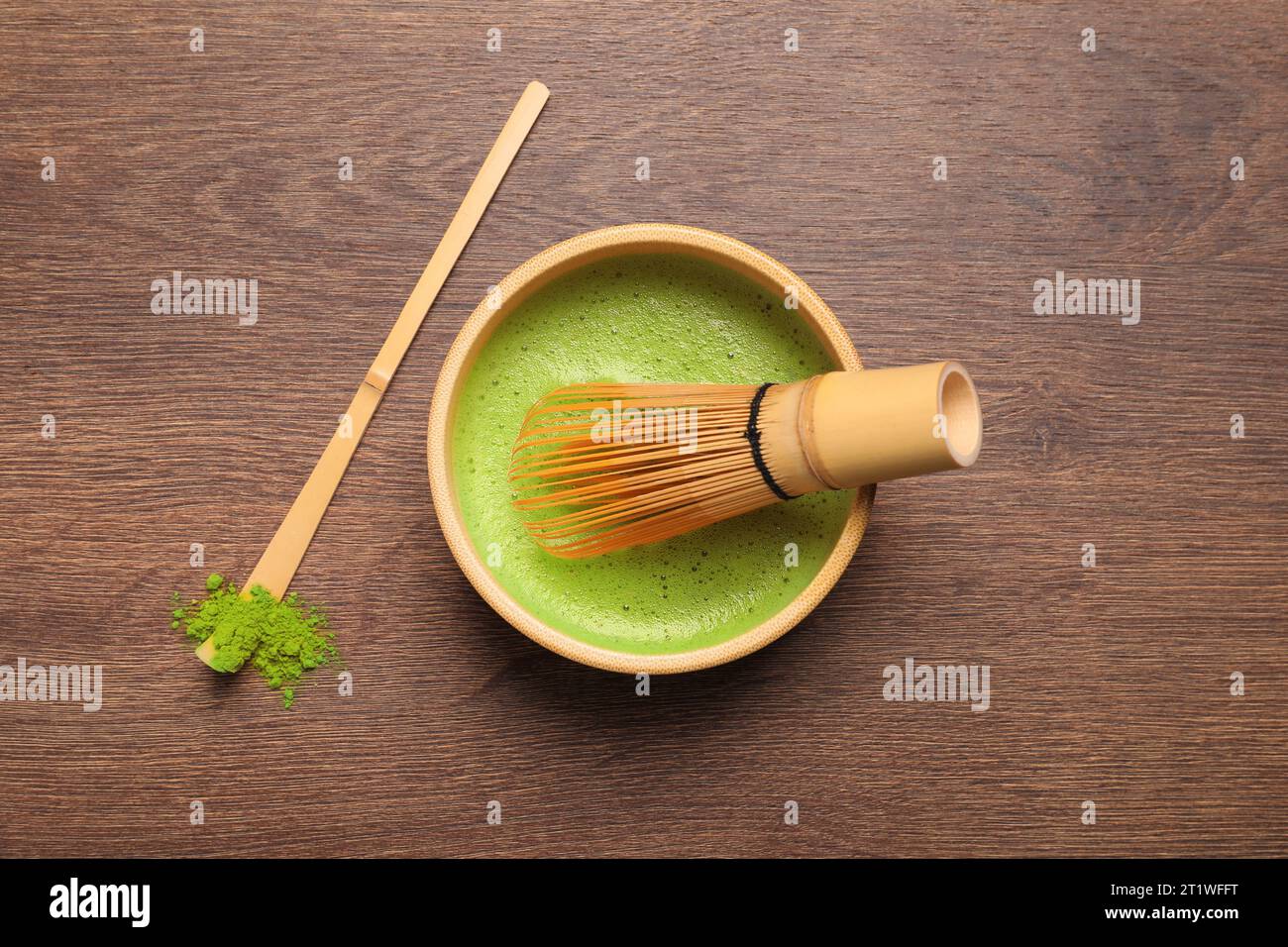 Flat lay composition with matcha tea on wooden table Stock Photo