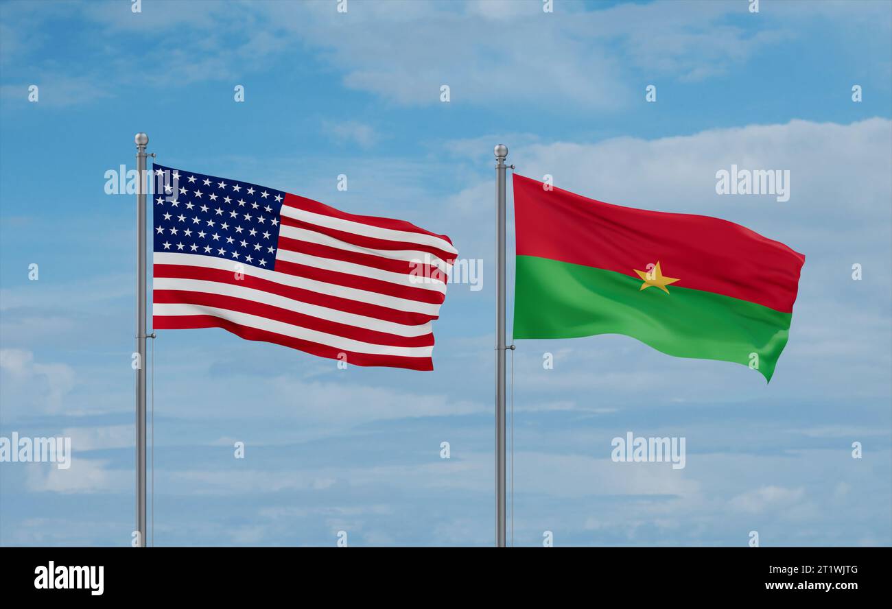 Burkina Faso and USA flags waving together on blue cloudy sky, two ...
