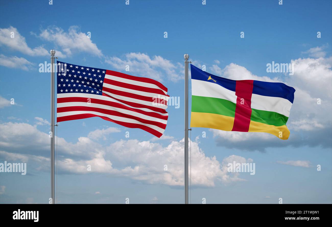 Central African Republic and USA flags waving together in the wind on ...
