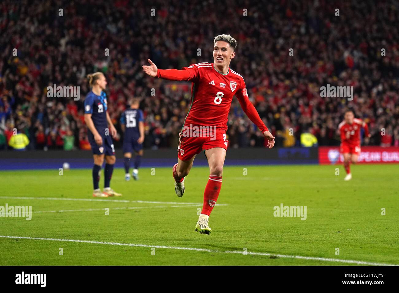 Wales' Harry Wilson celebrates scoring their side's second goal of the game during the UEFA Euro 2024 Qualifying Group D match at the Cardiff City Stadium, Wales. Picture date: Sunday October 15, 2023. Stock Photo