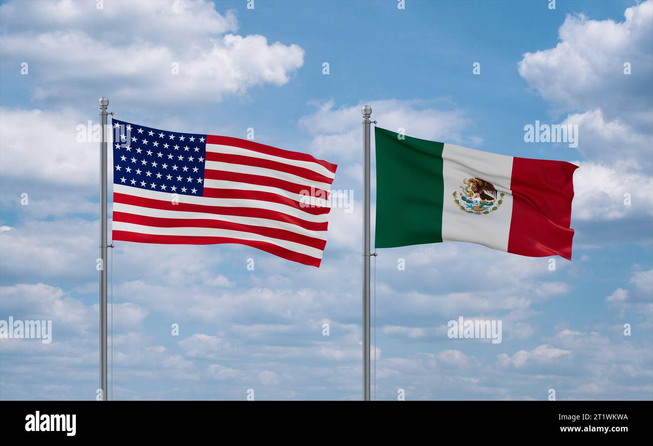 Mexico and USA flags waving together on blue cloudy sky, two country ...