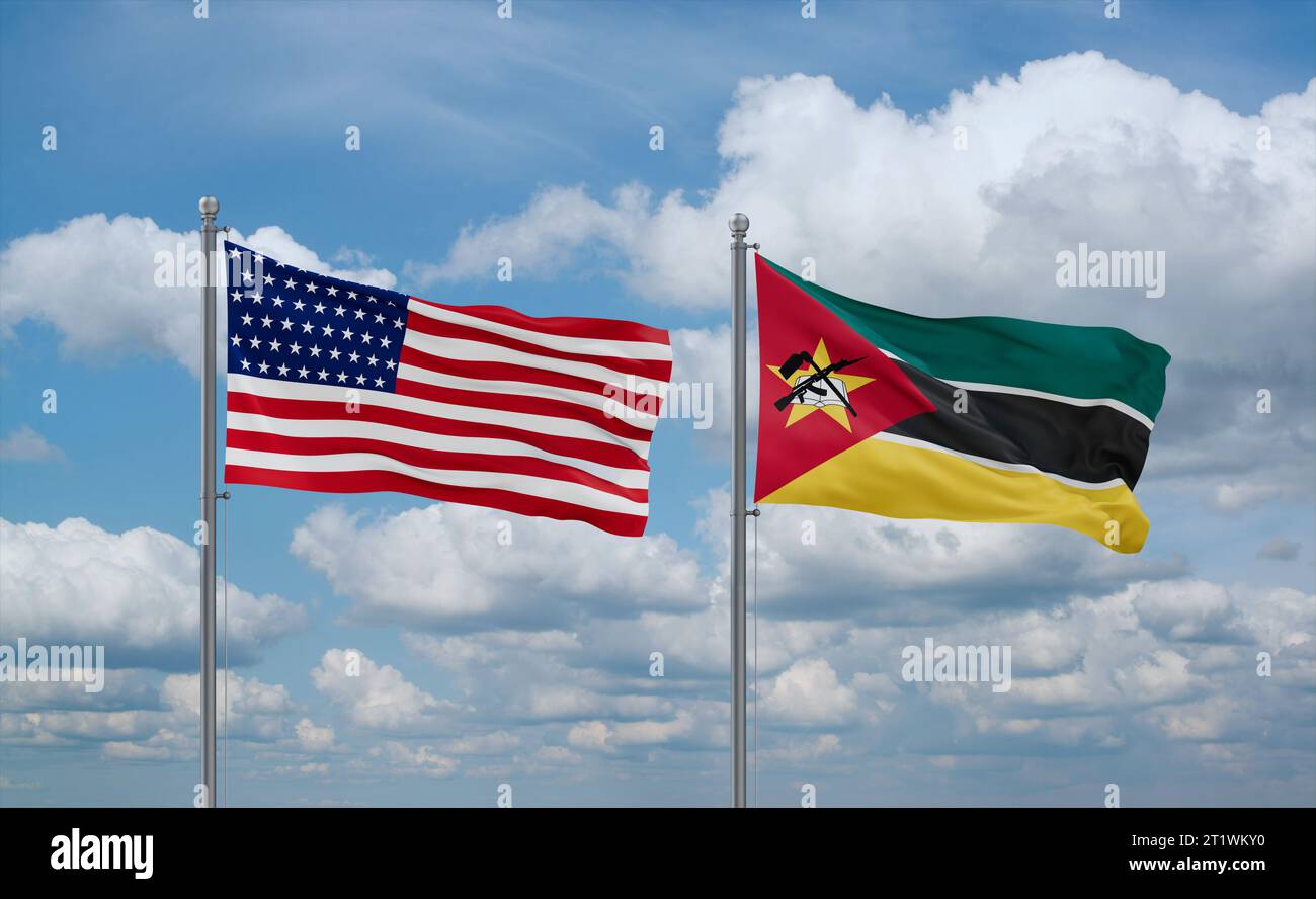 Mozambique and USA flags waving together in the wind on blue cloudy sky ...