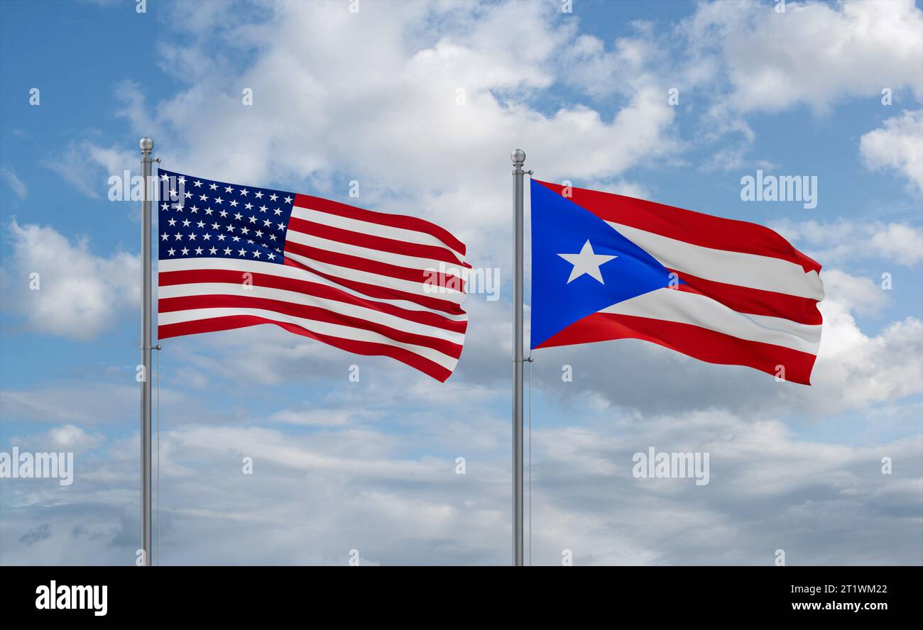 Puerto Rico and USA flags waving together in the wind on blue cloudy ...