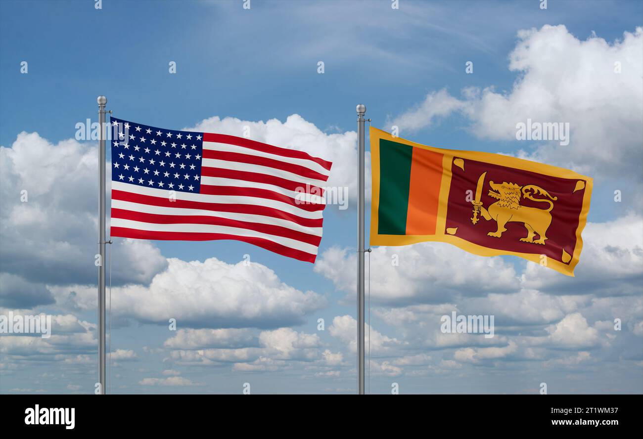 Sri Lanka and USA flags waving together in the wind on blue cloudy sky ...