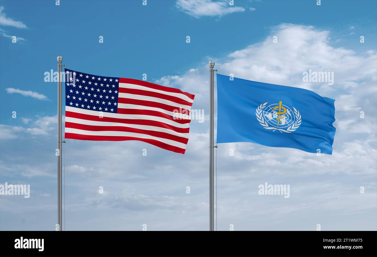 World Health Organization and USA flags waving together in the wind on ...