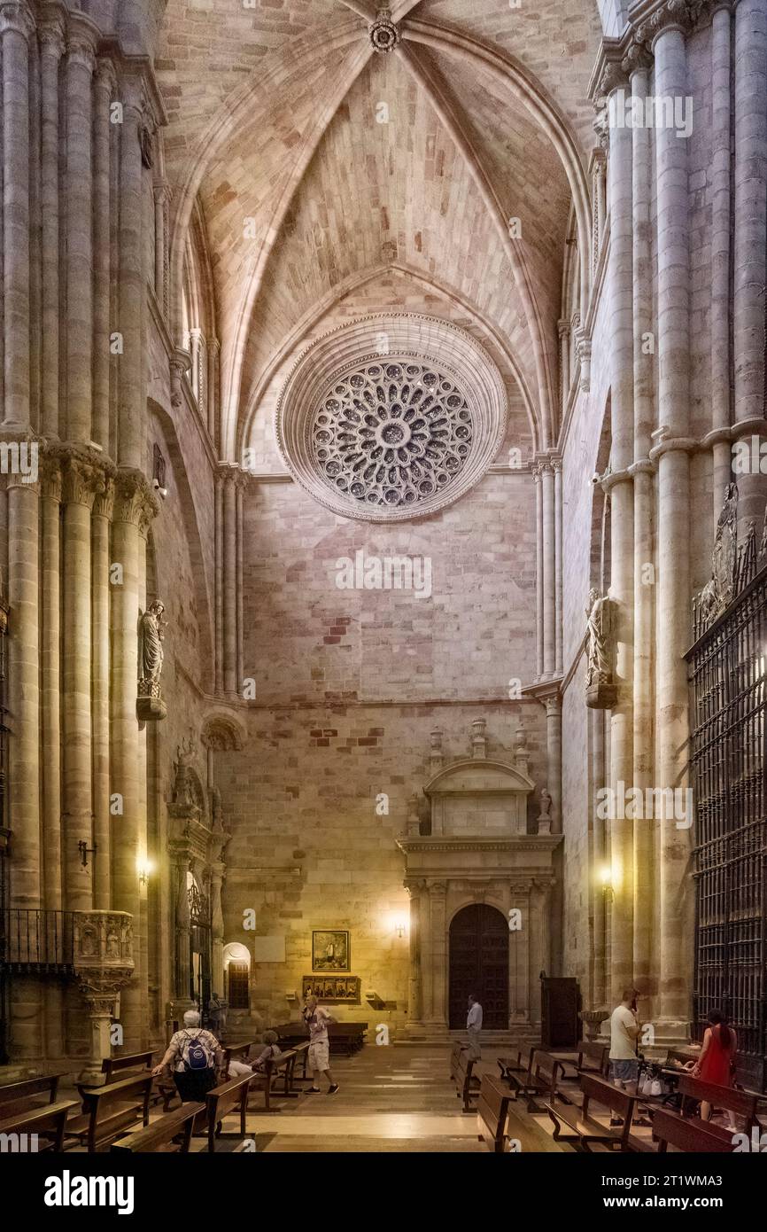 tourists in the transept with its vault, sexpartites, and the Puerta de la Cadena with the Romanesque rose window, Catedral Santa Maria, Sigüenza. Stock Photo