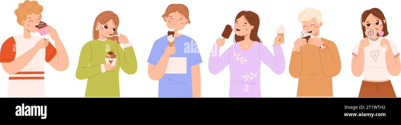 People eat desserts. Young adults eating sweet dessert, ice creams in waffle cones, popsicles and in cup. Enjoying person with food snugly vector set Stock Vector