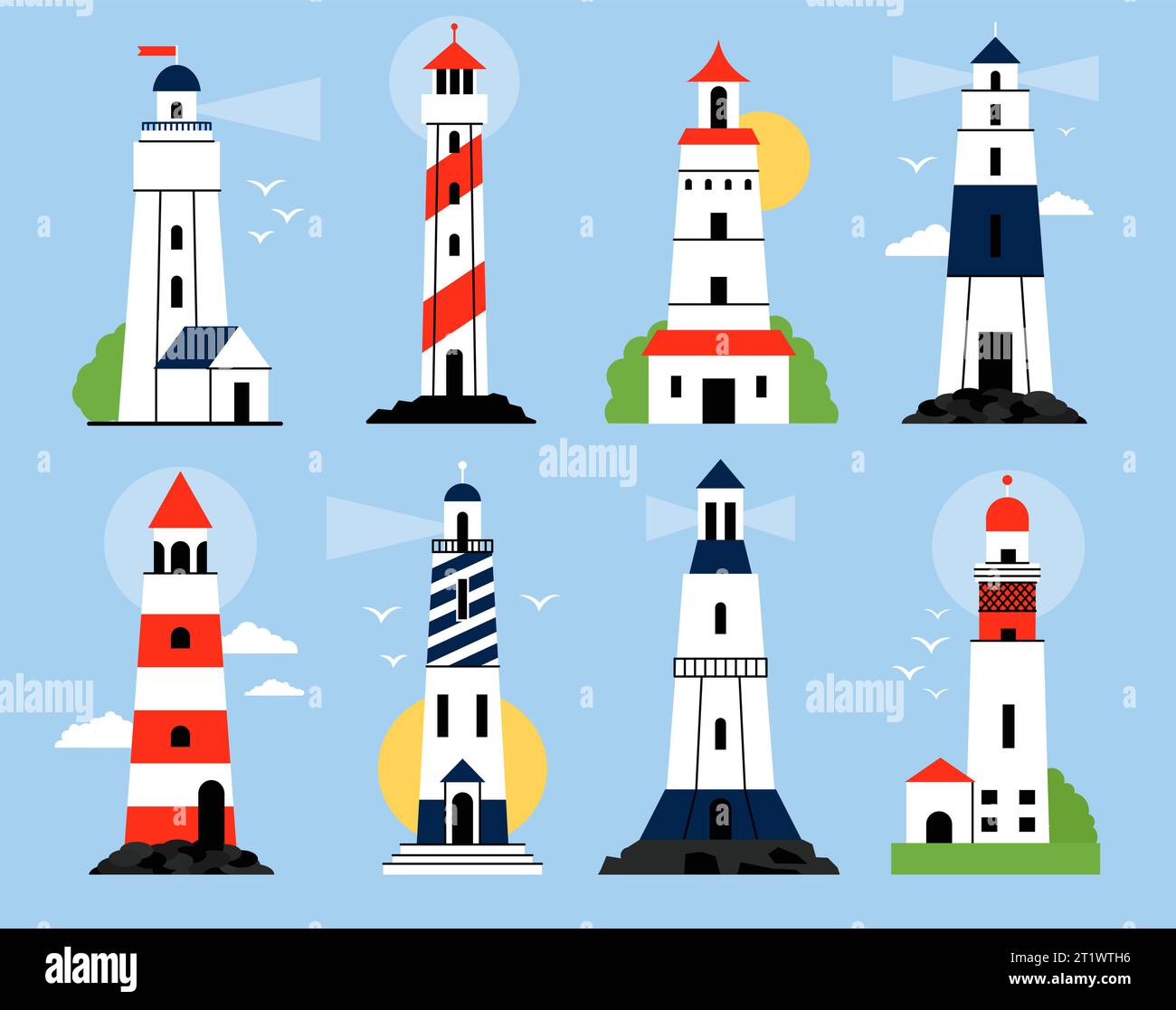 Flat cartoon lighthouse. Traditional lighthouses, clouds and birds flock isolated on blue background. Ocean safety symbols, coastline buildings decent Stock Vector