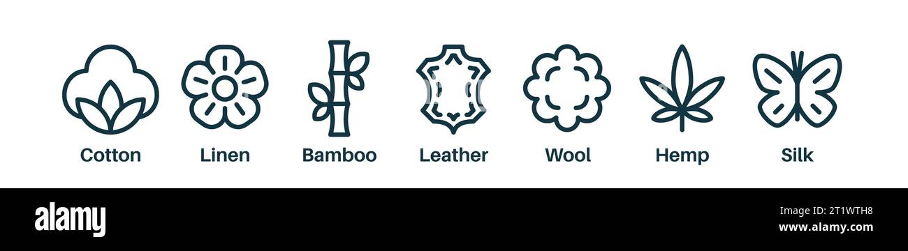 Natural fibers. Set of fabric types like cotton, bamboo, silk Stock Vector