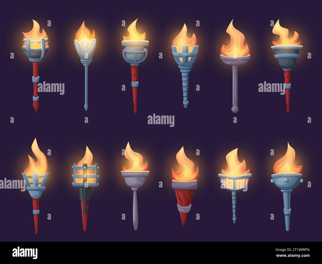 Cartoon torch game assets. Medieval torches wooden and metal with burning flames. Ancient victory cups, tribal lantern or castle lights nowaday vector Stock Vector