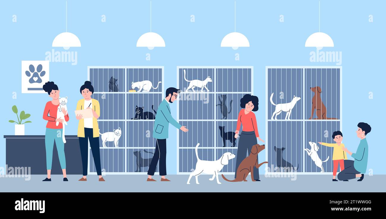 Family adoption pet in animal shelter. Choose your cat or dog, animals