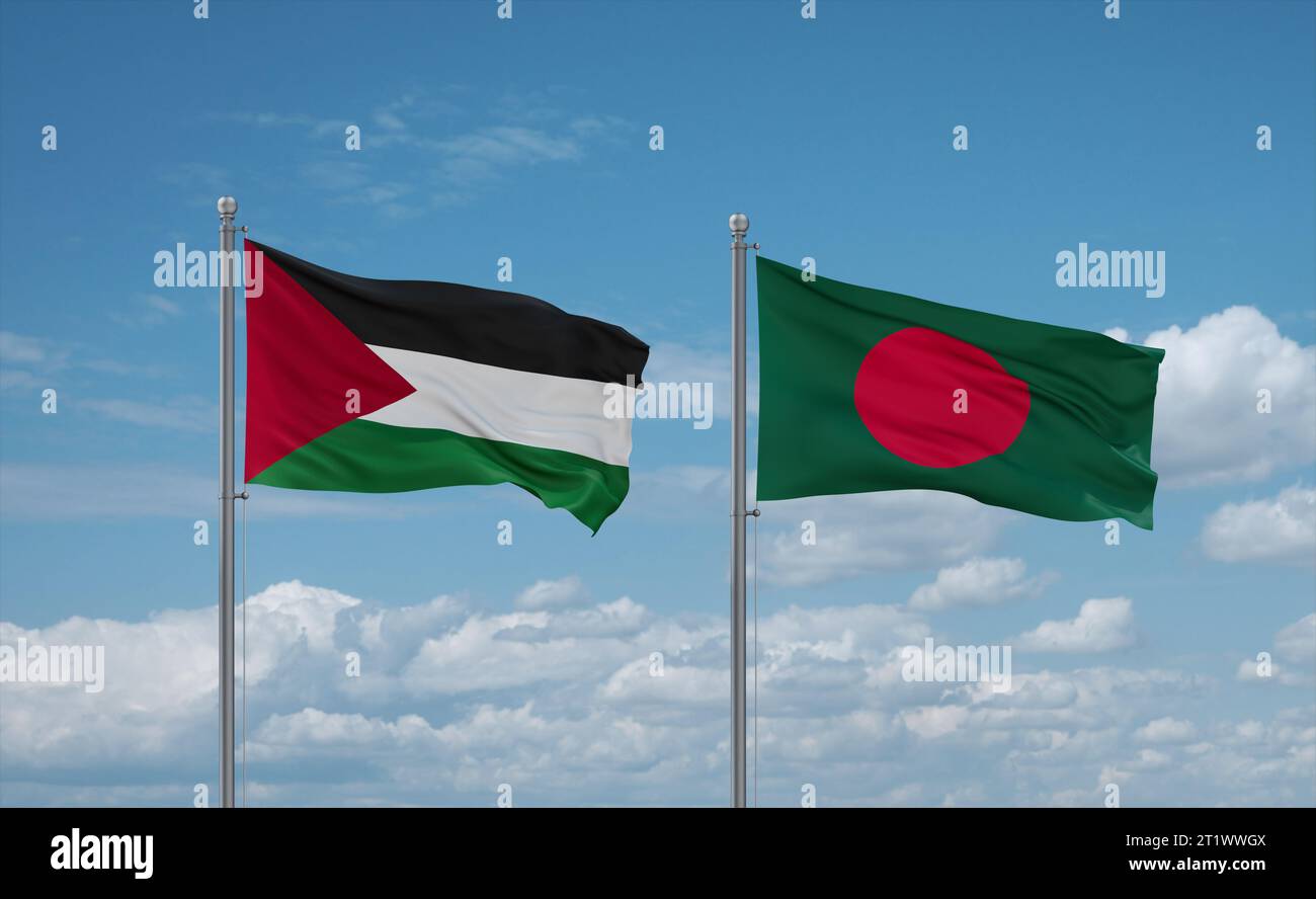 Bangladesh and Palestine and Gaza Strip flags waving together on blue ...