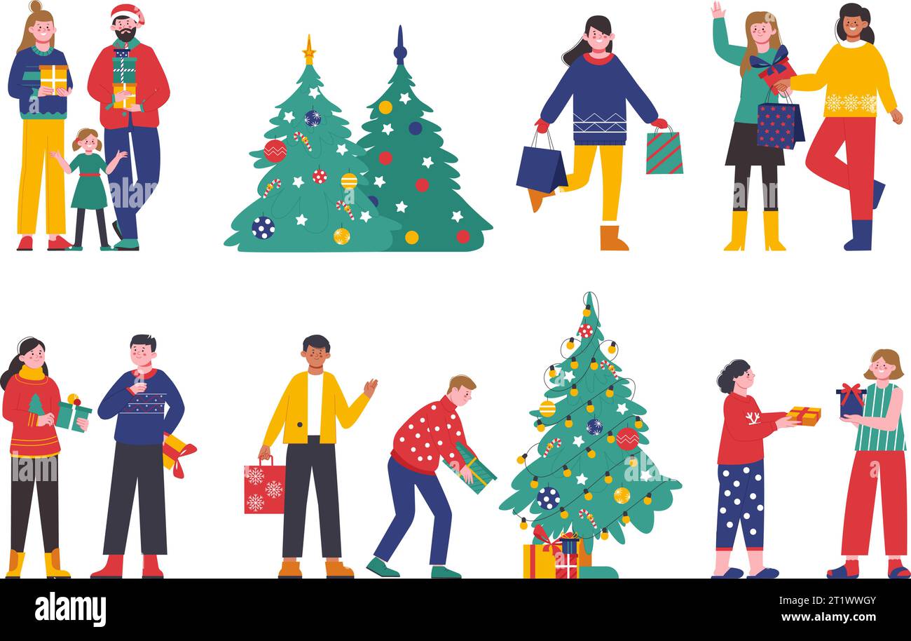 Giving christmas gifts. Friends and family with presents, happy adults and children. Teenagers friendship, new years and xmas holidays splendid vector Stock Vector