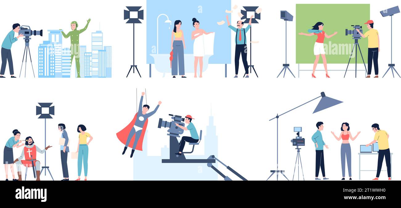 Movie shooting process. Filmmaking team and actors. Film production process, actress on camera and angry director Stock Vector