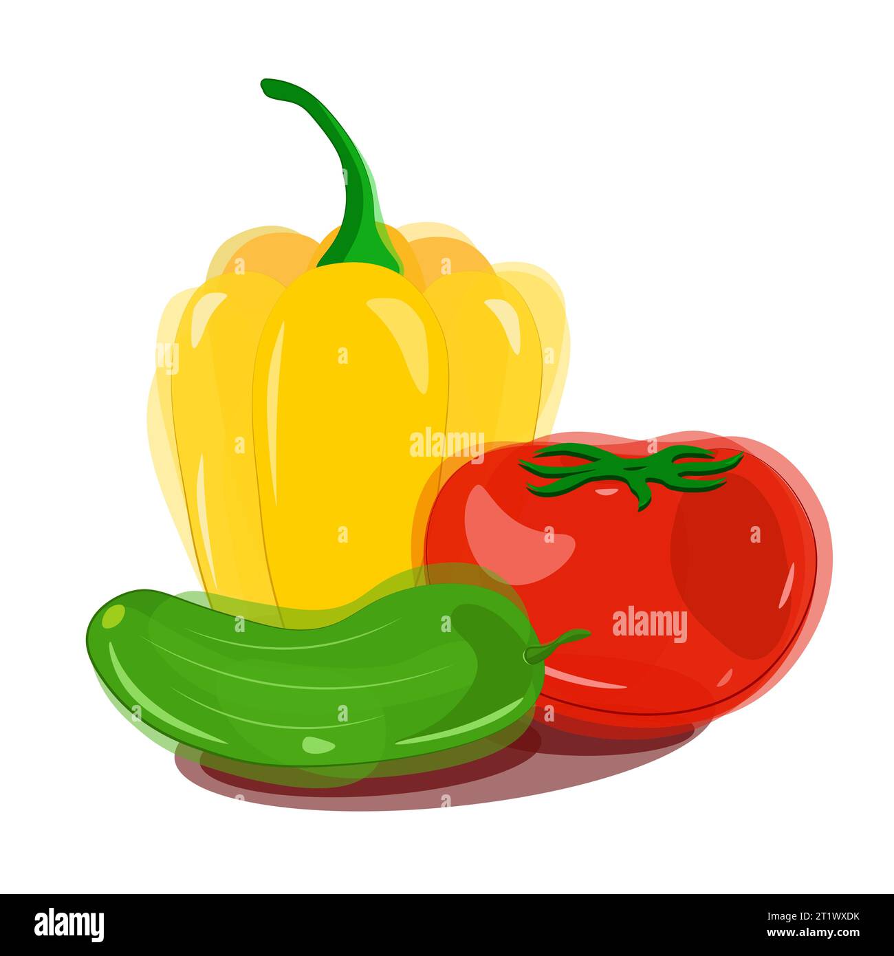 Yellow bell pepper with green tail and lying next to red tomato with green tail and green cucumber in watercolor style. Flares and shadows. Vector Stock Vector