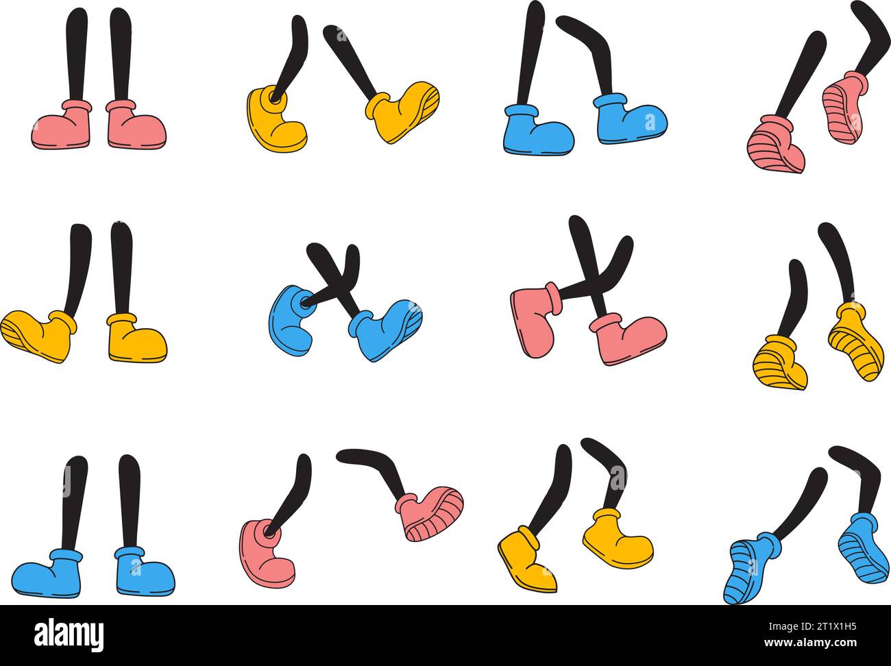 Comic feet. Cartoon legs in coloured sneakers shoe, comic foot step walk jumping run pose for dance, vintage character sketch leg footwear poses boot vector illustration of leg comic, shoe foot icon Stock Vector