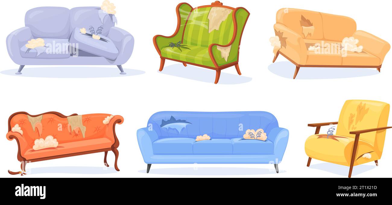 Damaged couches. Messy sofa with damage upholstery, junk old soft home