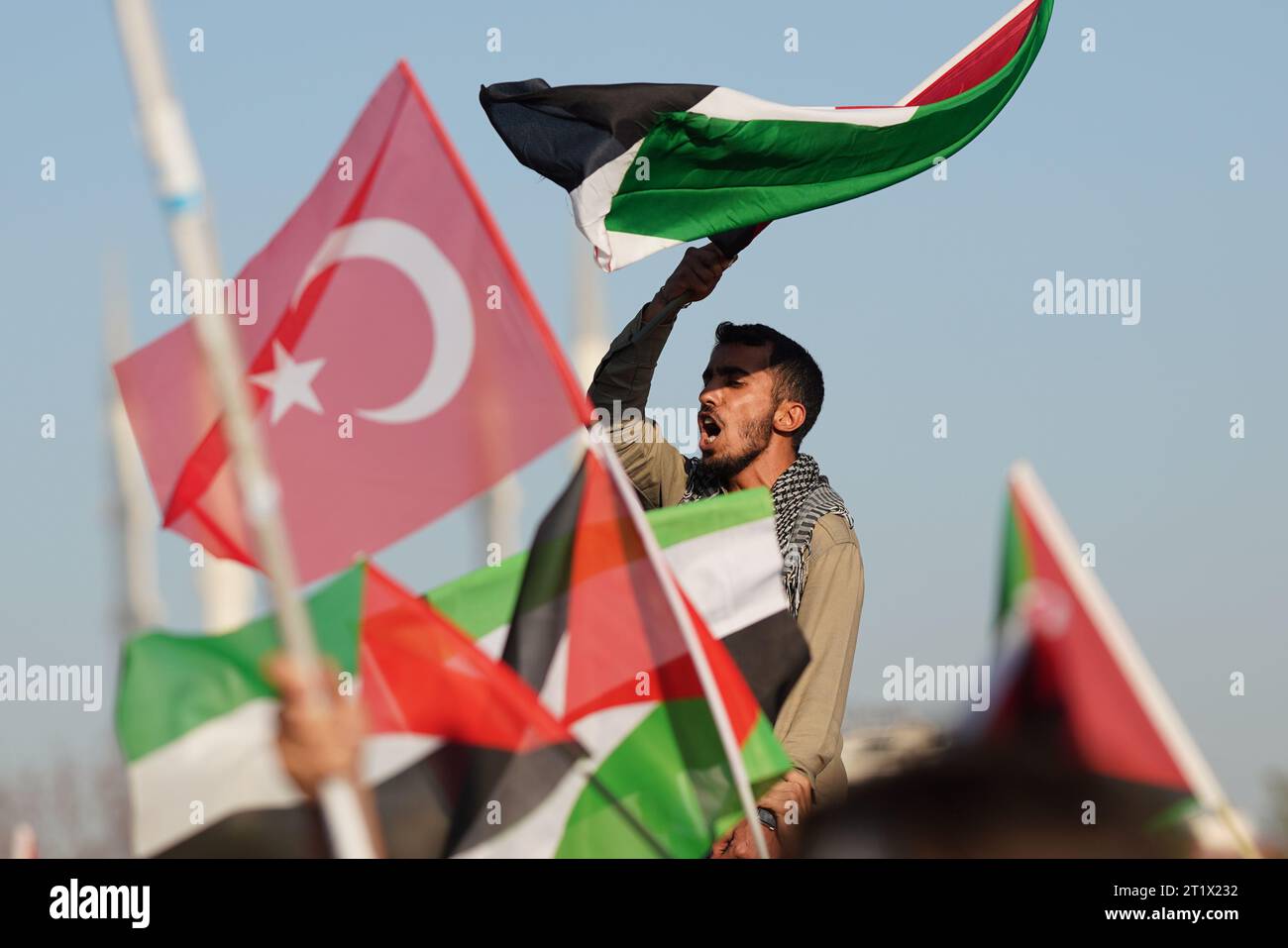 Istanbul, TURKIYE. 15th Oct, 2023. Protestors wave flags during free Palestine Meeting in Maltepe meeting area. Meeting was organized by Saadet Party. Credit: Evren Kalinbacak/Alamy Live News. Stock Photo