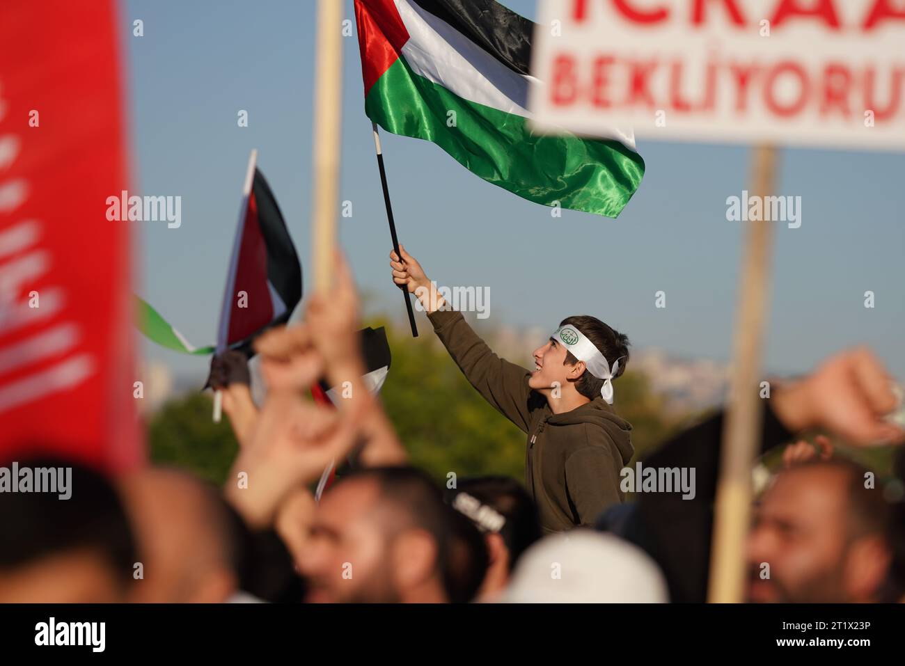 Istanbul, TURKIYE. 15th Oct, 2023. Protestors wave flags during free Palestine Meeting in Maltepe meeting area. Meeting was organized by Saadet Party. Credit: Evren Kalinbacak/Alamy Live News. Stock Photo