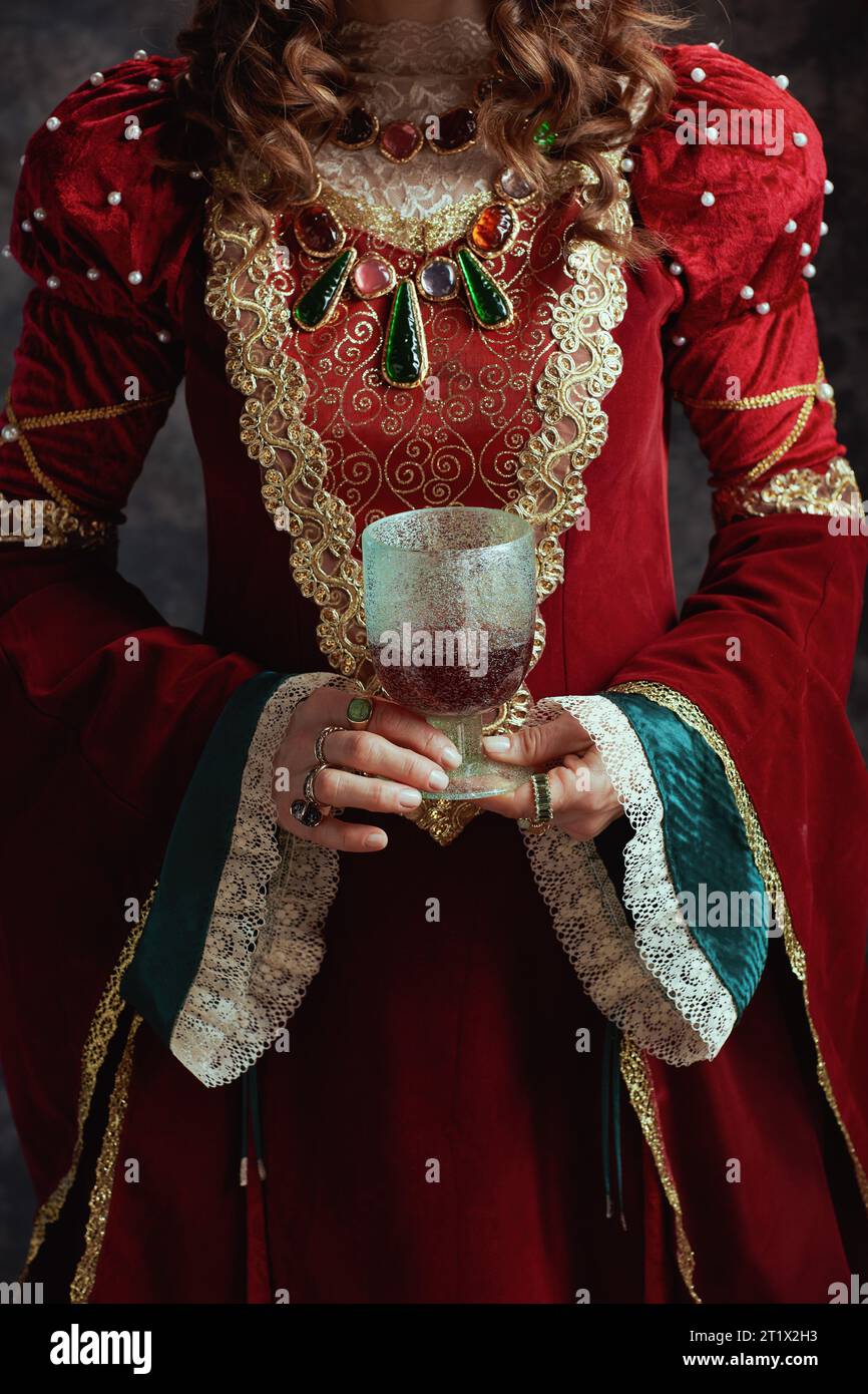 Closeup on medieval queen in red dress with goblet on dark gray ...