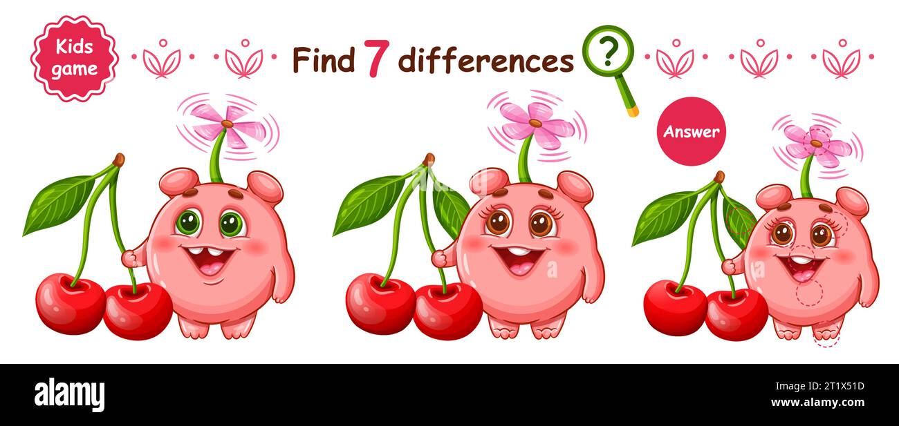 Cute fantasy monster alien, cherry berry fruit, find 7 difference education children puzzle game. Humanoid mutant character. Kid logical task. Vector Stock Vector