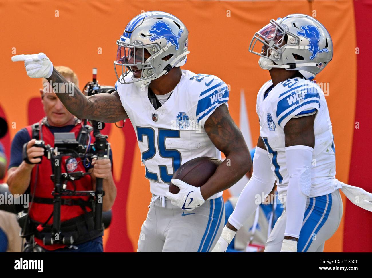 Tampa, United States. 15th Oct, 2023. Detroit Lions cornerback Will Harris (25) celebrates with Detroit safety Tracy Walker III (21) after Harris intrcepted a pass from Bay Buccaneers' Baker Mayfield during the first half at Raymond James Stadium in Tampa, Florida on Sunday, October 15, 2023. Photo by Steve Nesius/UPI Credit: UPI/Alamy Live News Stock Photo