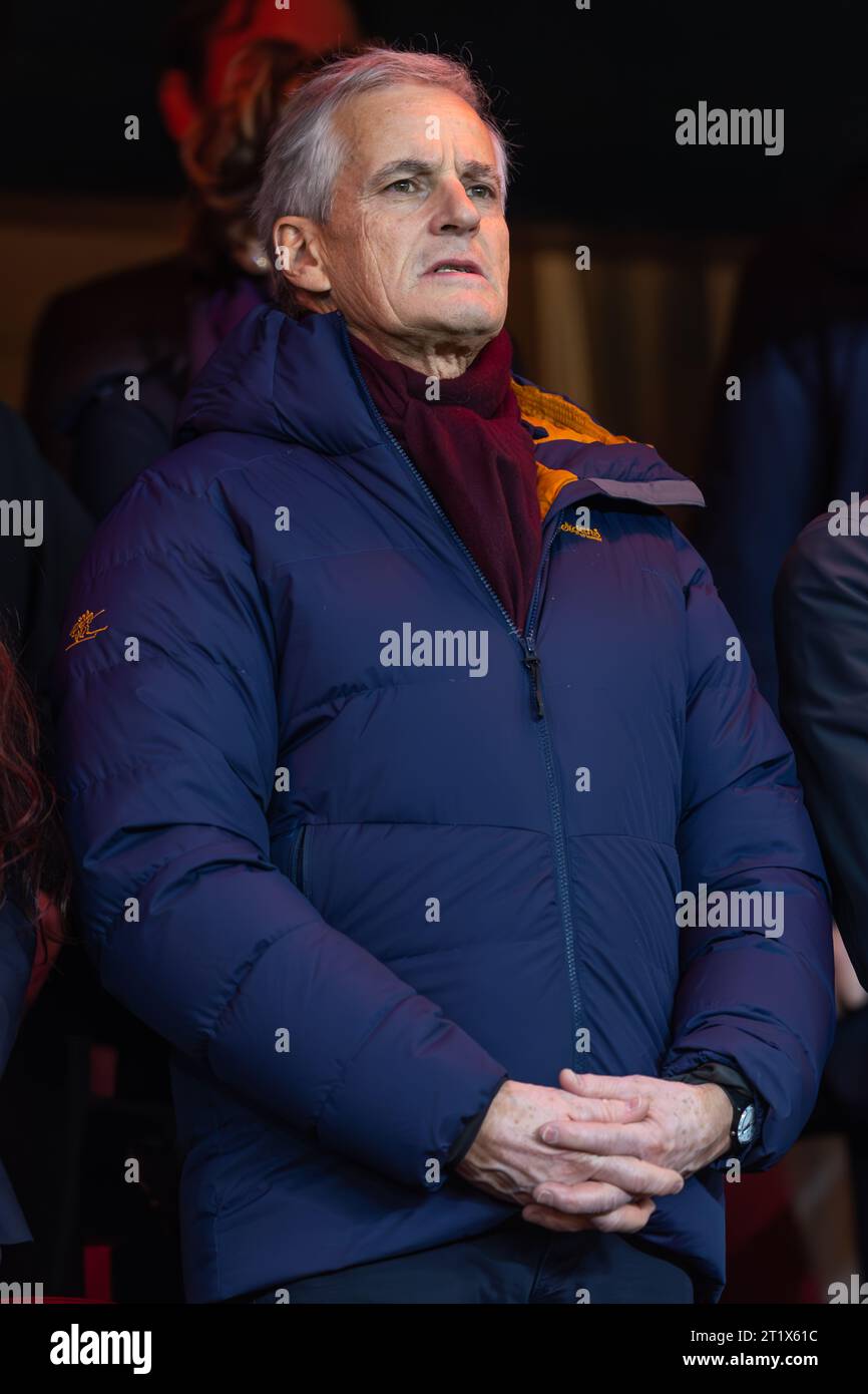 Oslo, Norway 15 October 2023 Jonas Gahr Store Prime Minister of Norway attends the UEFA European Championship 2024 qualifiers Group A match between Norway  and Spain held at the Ullevaal Stadion in Oslo, Norway credit: Nigel Waldron/Alamy Live News Stock Photo