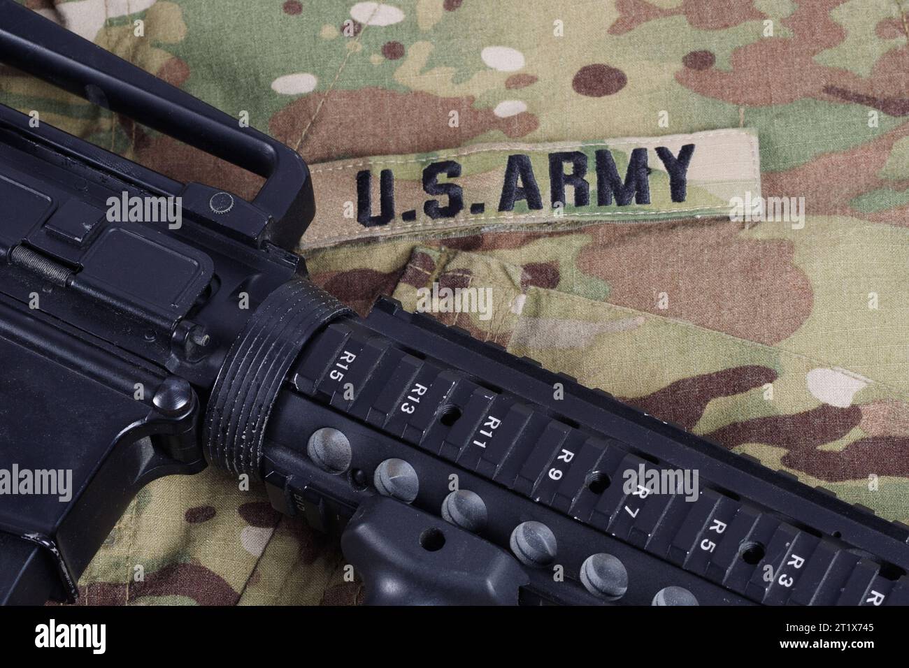 US Army M4 carbine with ammunitions on US Army uniform background Stock ...