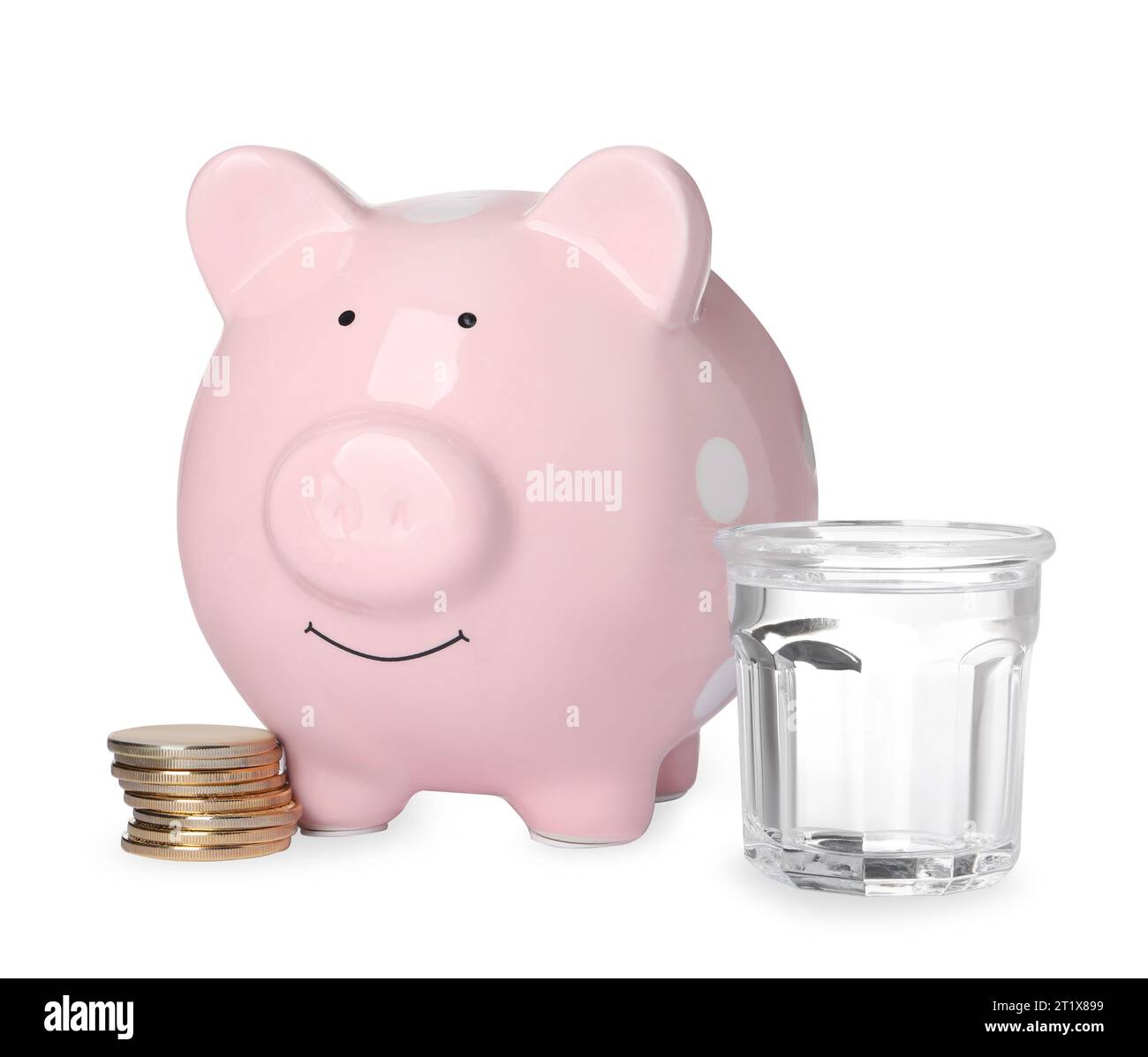 Water scarcity concept. Piggy bank, coins and glass of drink on white background Stock Photo