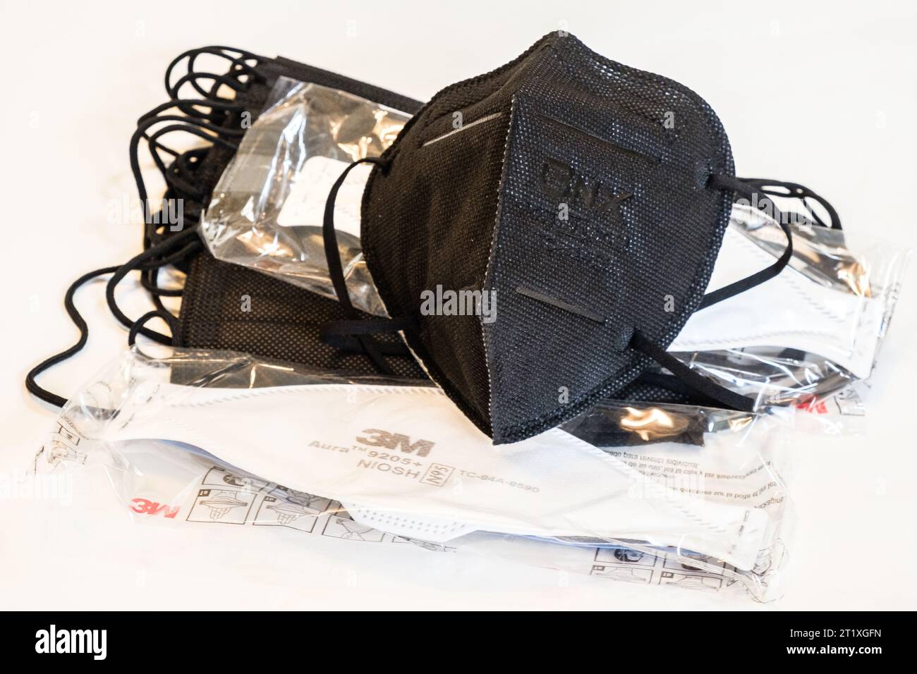 An assortment of N95 and surgical masks of the type used to combat the